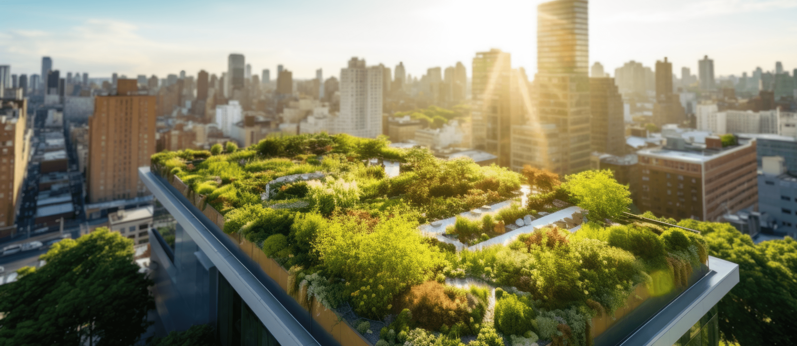 Aerial view of green rooftop garden showcasing sustainable city urban development
