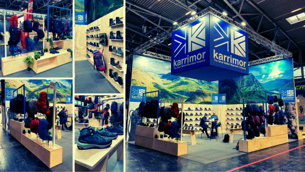 The Karimoor exhibition stand made using the Ecoform exhibition solution. A wooden exhibition stand with the Karrimor logo hanging from the ceiling.