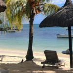 Tropical beach scene with palm trees and shaded lounge chairs on sand, overlooking a calm turquoise sea with a boat. Relaxing and serene atmosphere.